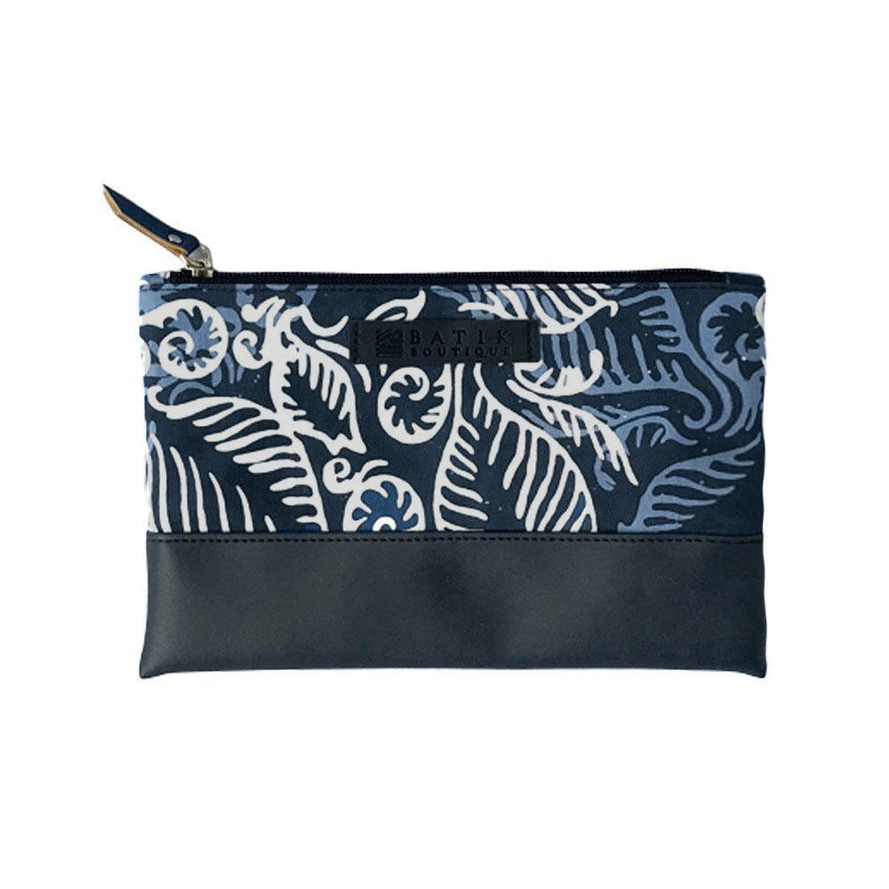 an upview whitebox photo of batik zip pouch in blue nautical fern pattern showing the front side of the pouch