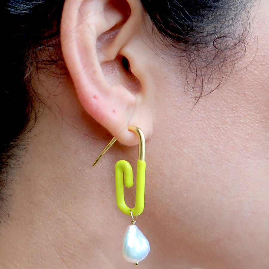 Fugeelah Earrings - Paper Clip with Pear Drop (Yellow)