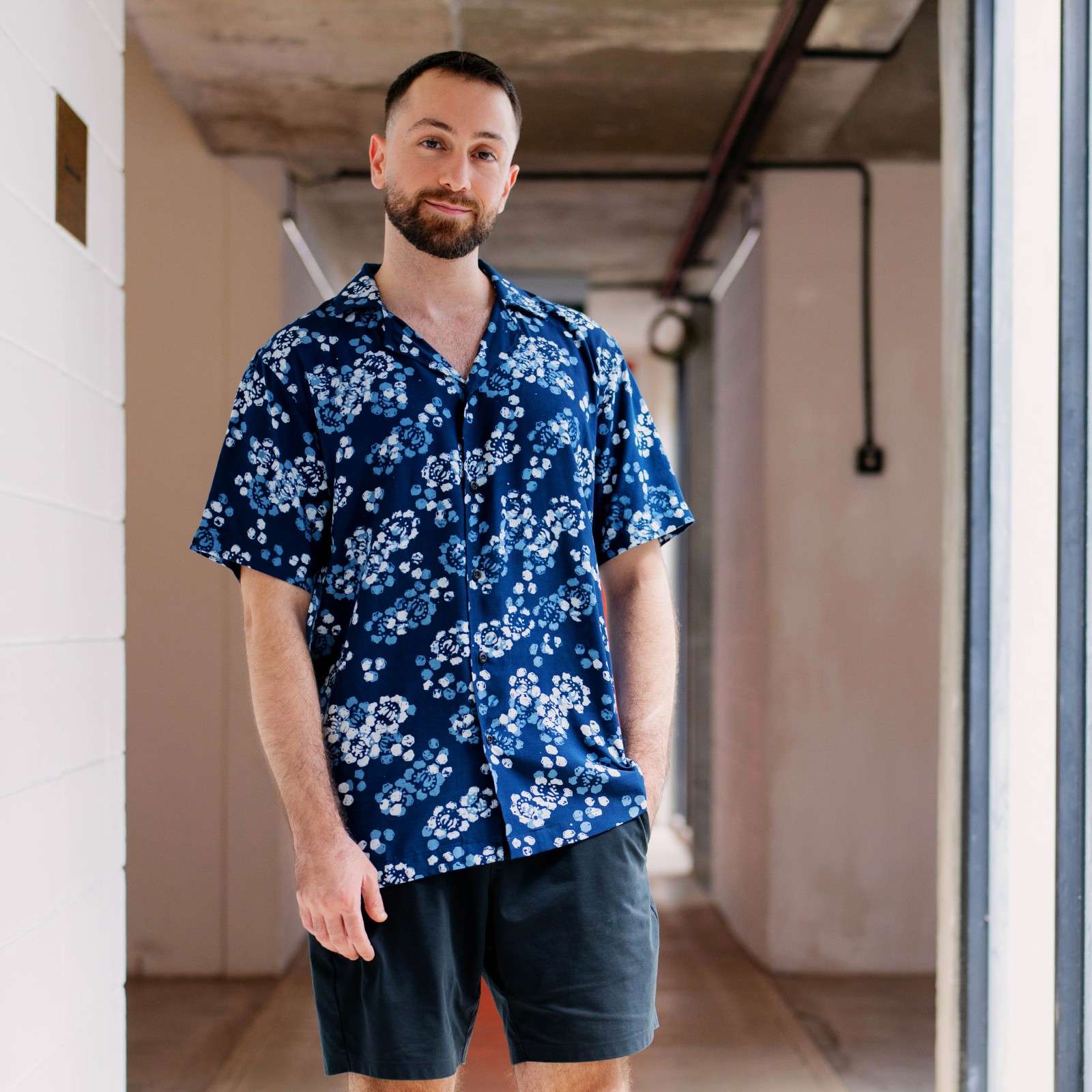 man wearing the men's cuban blossom 