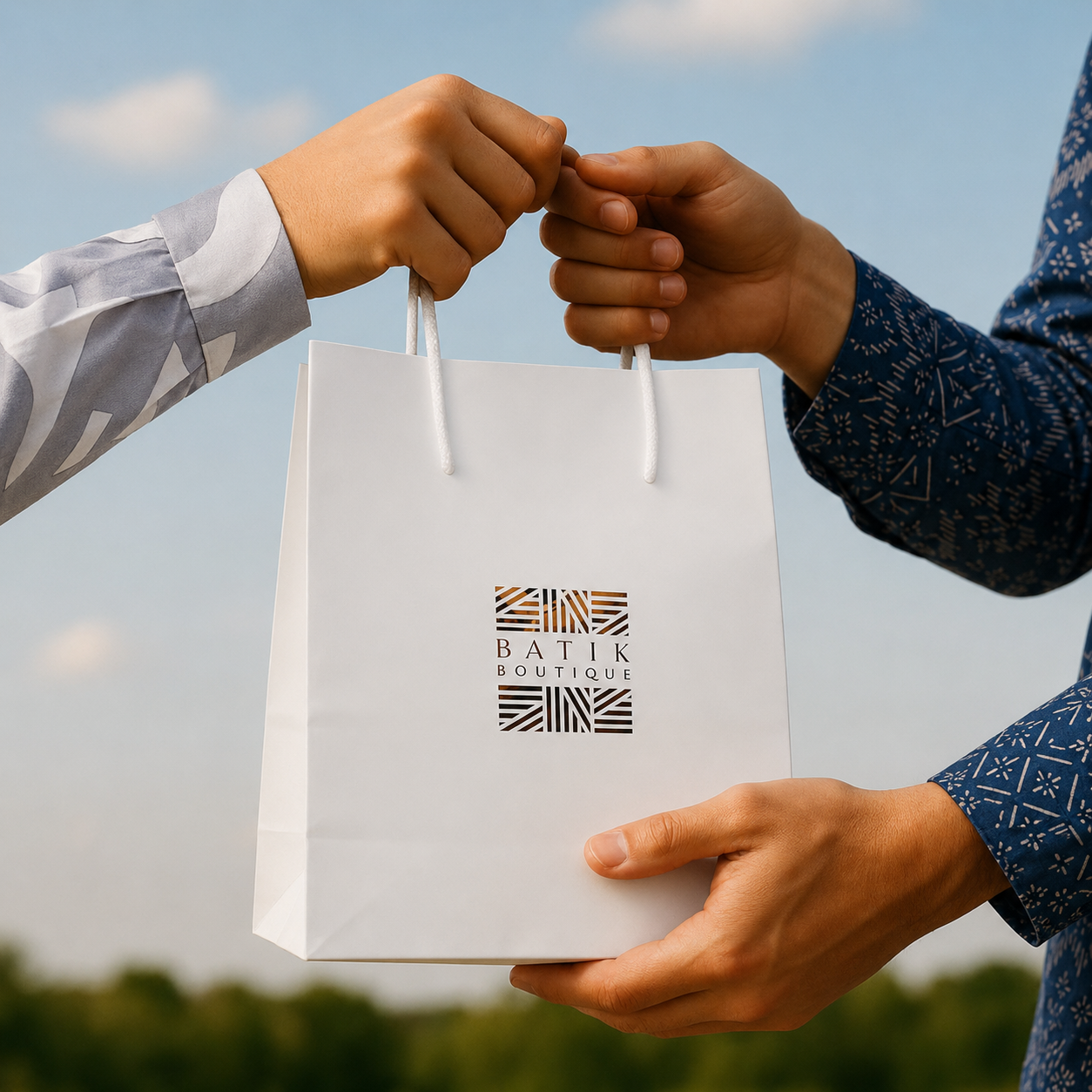 Two people exchanging a white gift bag with 'Batik Boutique' logo against a clear sky.