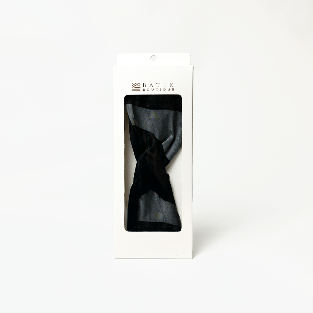 Jet Chain batik headband by Batik Boutique in white gift box with clear window, ideal for sustainable gifting.