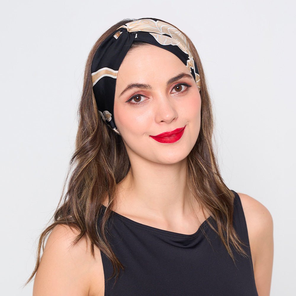 women wearing Batik Headband Onyx Fleur in a white box photo 