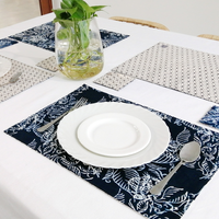 a picture of batik homeware set with batik placemats and batik coasters which are both reversible in the pattern blue nautical fern