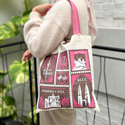 tote bags in the pattern jambu setem with iconic malaysian landmarks stamp motifs