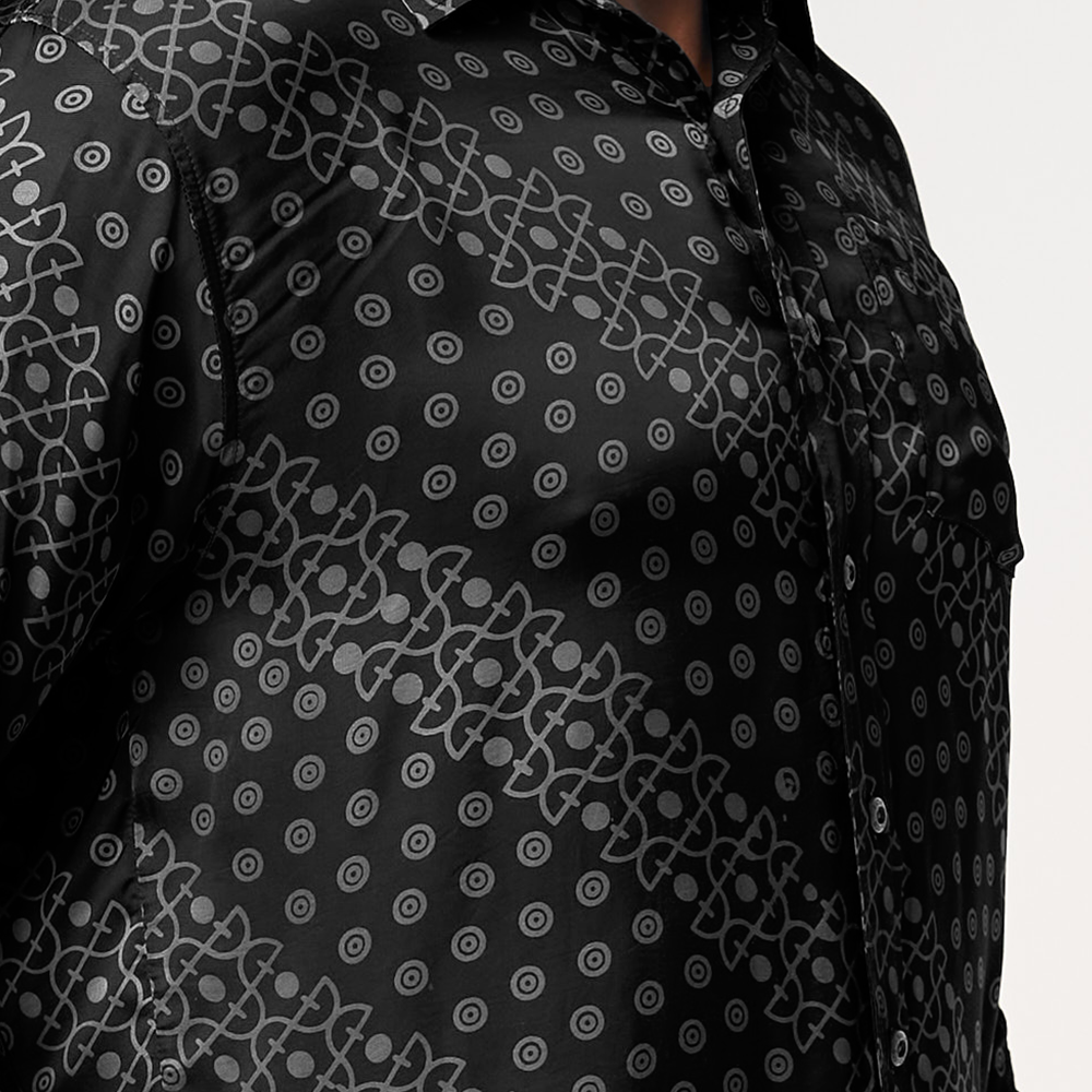 Close-up of the Black Alur batik shirt, highlighting the intricate batik pattern and quality fabric.