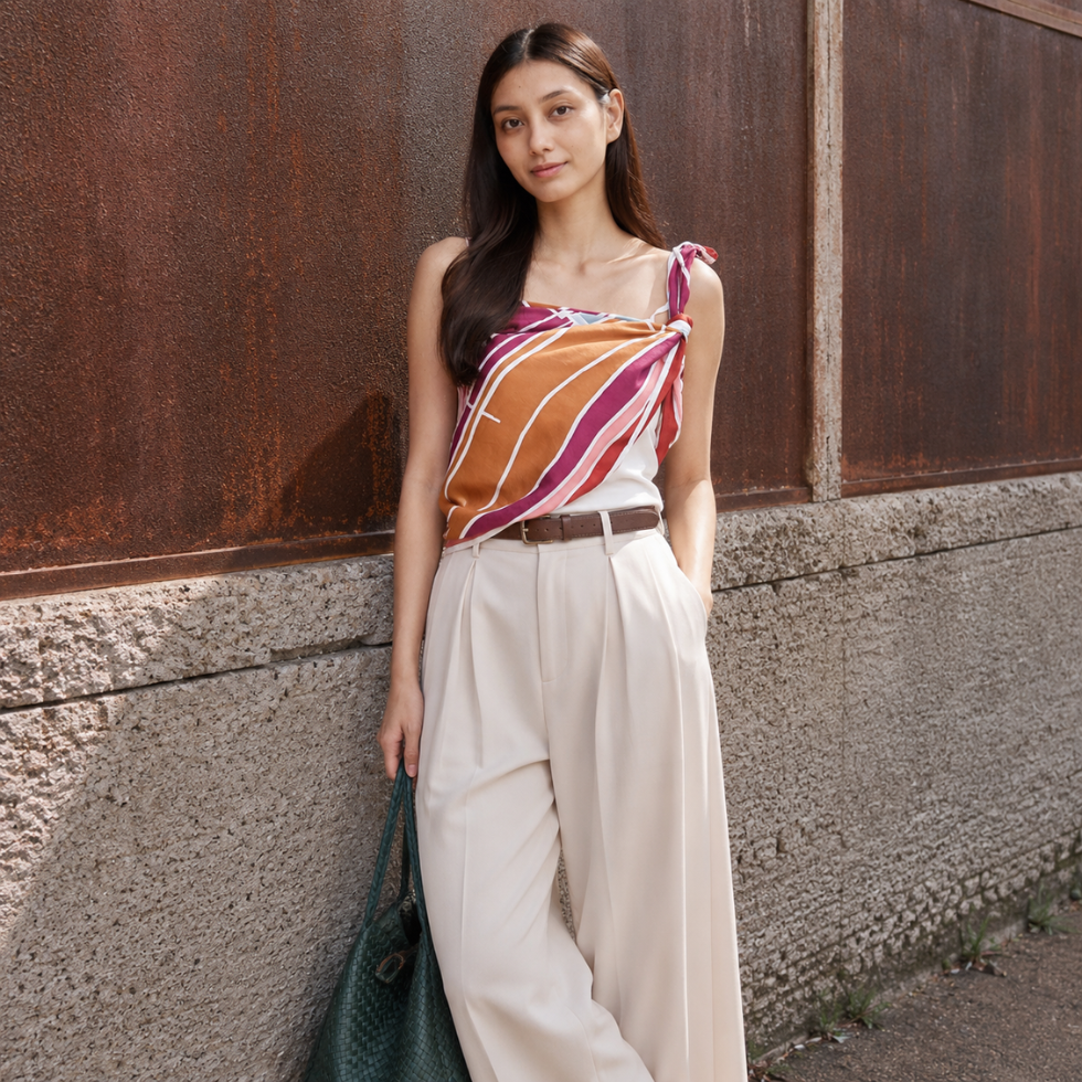 A woman stands against a textured wall wearing a sleeveless wrap-style top with a bold orange, white, and magenta striped pattern, paired with cream wide-leg trousers and a brown belt. She is holding a dark green woven handbag.