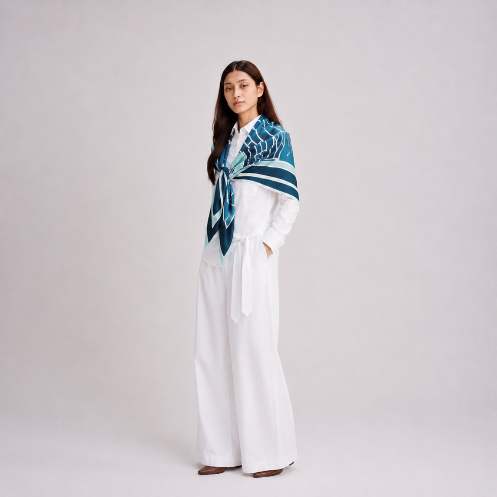 A woman stands in a studio wearing a white long-sleeve top and wide-leg white pants, with a blue and teal patterned scarf wrapped around her shoulders.