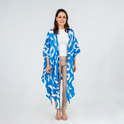 front view of a woman wearing the blue rimba kimono 