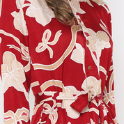 a closeup of batik long shirt dress in ruby fleur