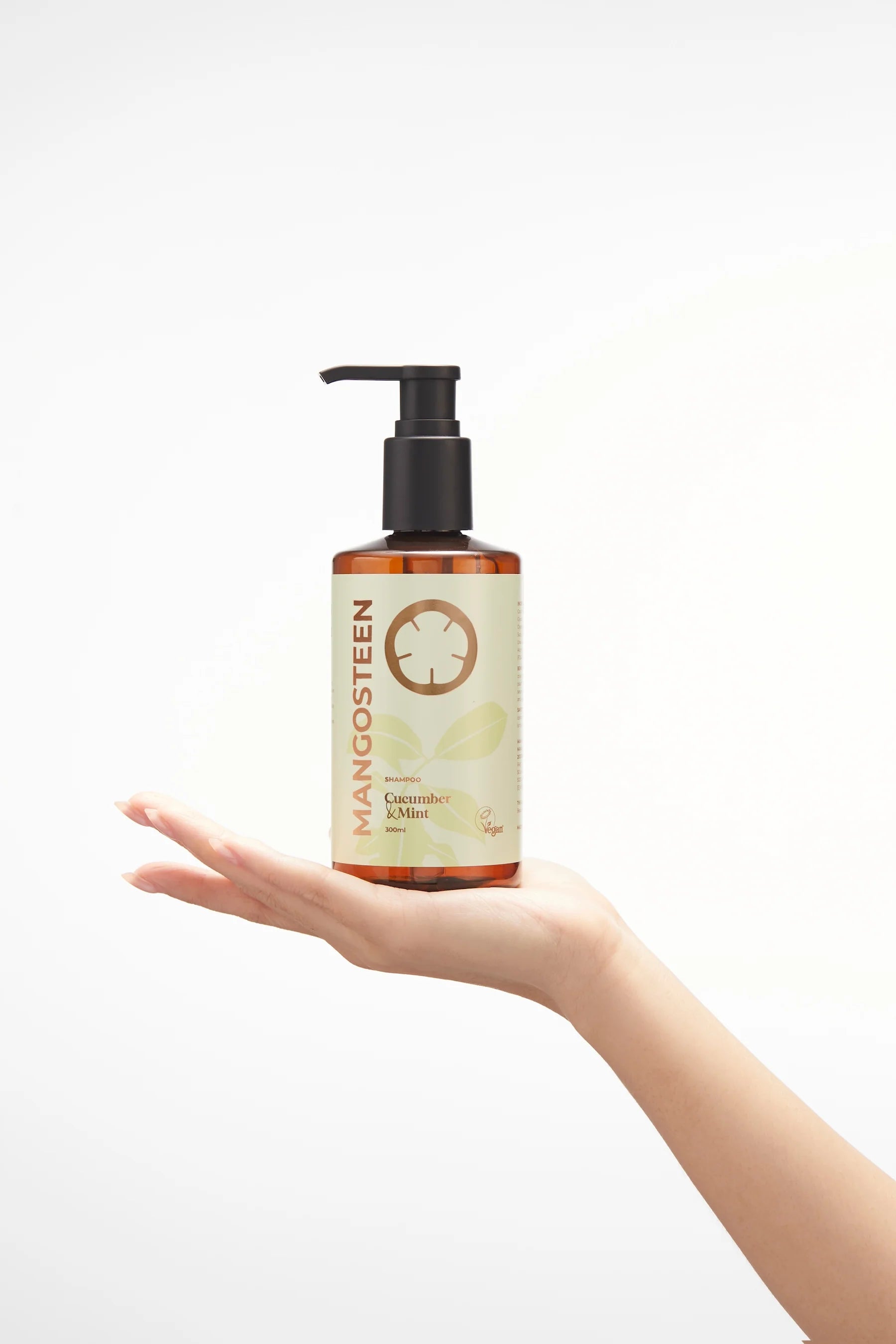 Hand holding a bottle of Mangosteen coconut & lime body wash on a white background