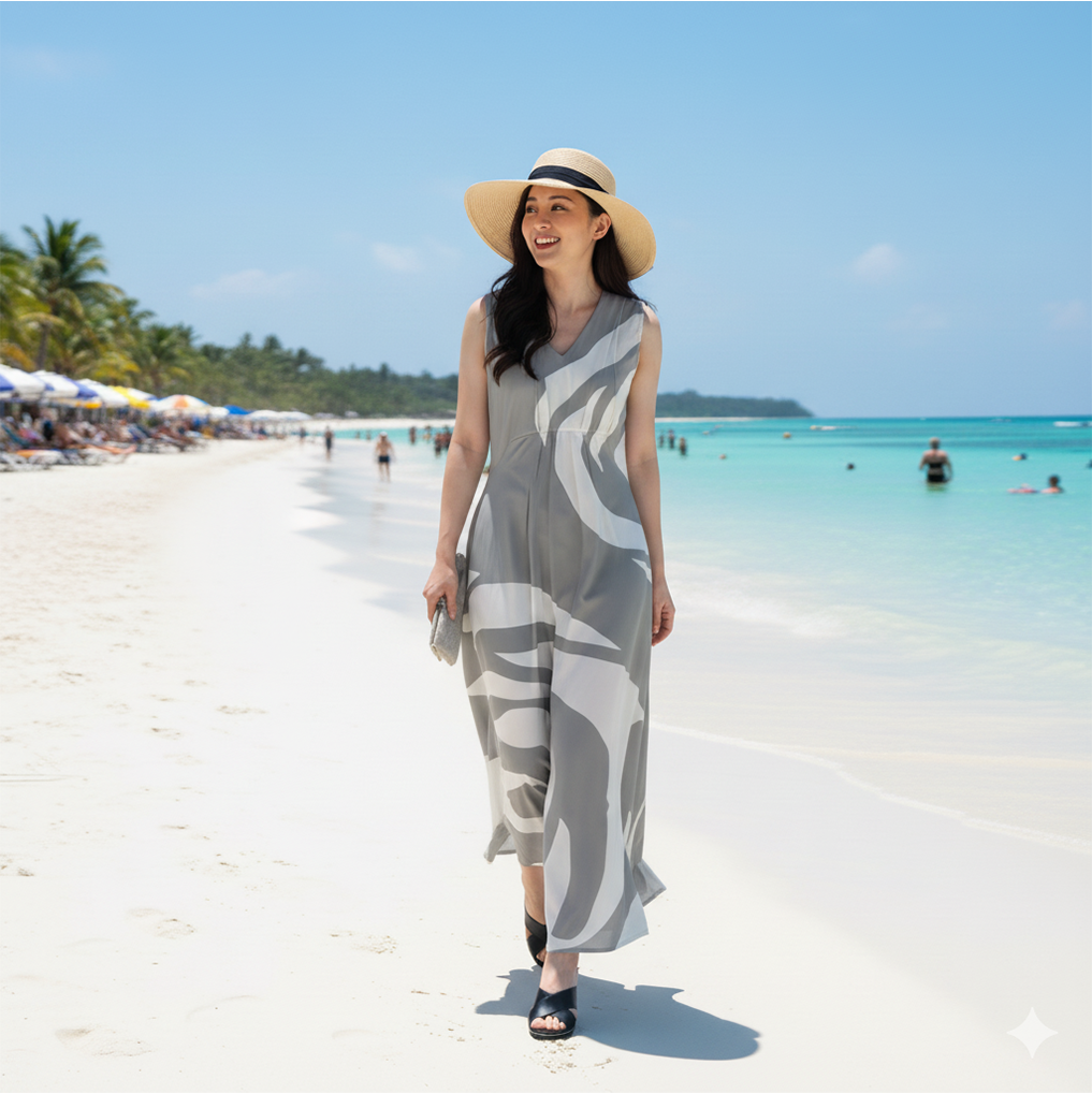 Woman wearing Batik Boutique’s Silver Rose batik dress walking along a sunny tropical beach, styled with a straw hat and clutch for a relaxed resort look.