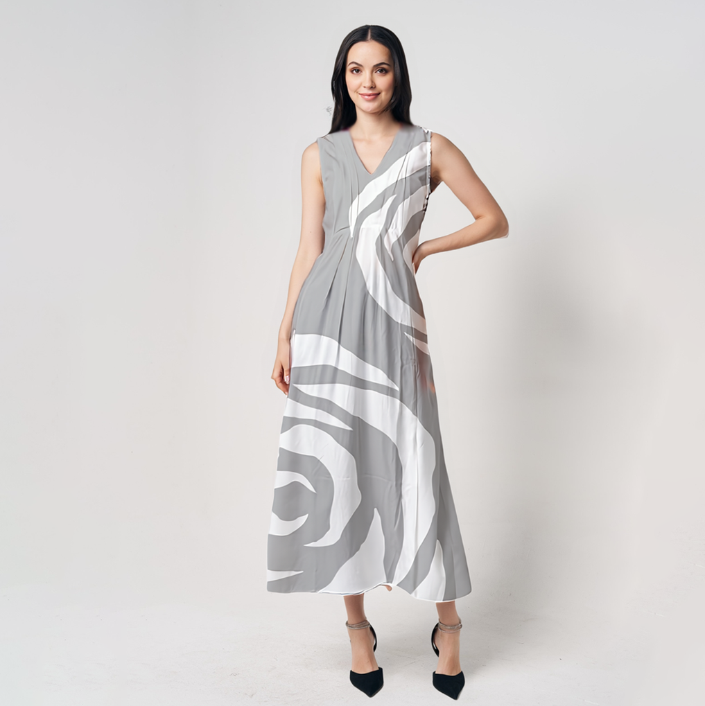 Front studio view of Batik Boutique’s Silver Rose reversible batik dress with flowing silhouette, elegant rose pattern, and lightweight viscous texture.