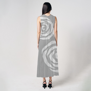 Back view of Batik Boutique’s Silver Rose batik dress featuring abstract rose motifs in silver and white, crafted from soft breathable fabric 