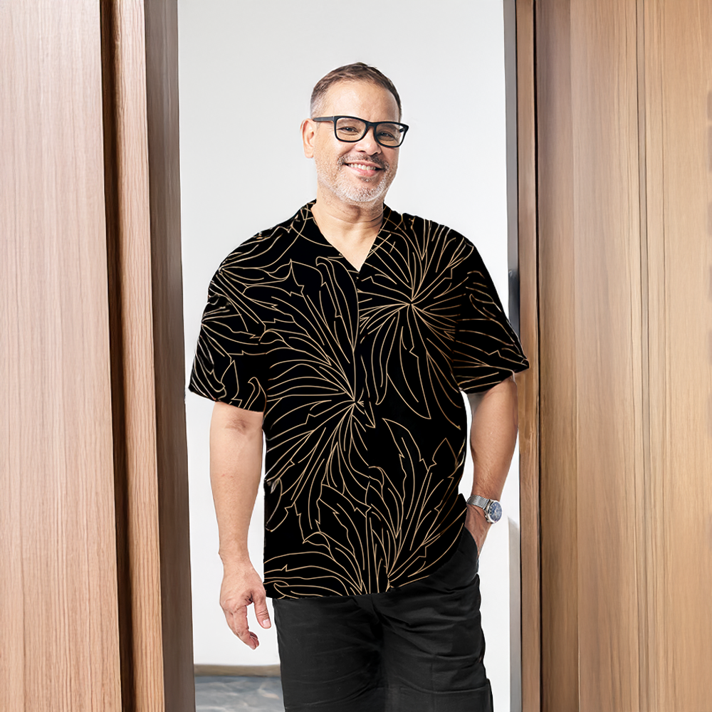 Model in the Onyx Palma Cuban shirt, creating a stylish and casual lifestyle look.