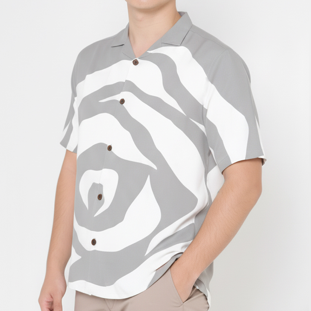 Close up front view of our silver rose Batik showcasing our re release pattern on our viscous material 