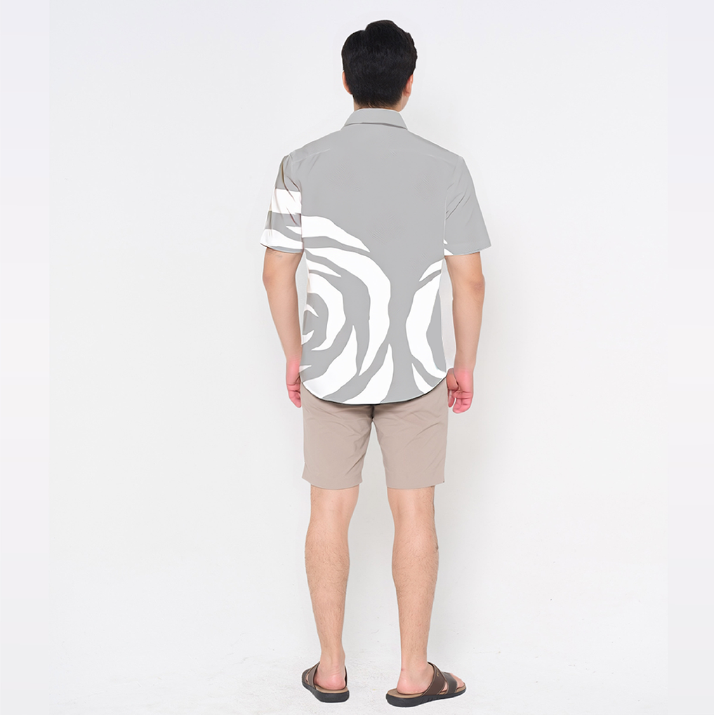 Back view of Batik Boutique’s Silver Rose men’s batik shirt showing modern abstract rose pattern placement in soft silver and white tones.