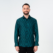 Front view of men's batik shirt in teal Snakeskin motif, crafted from premium silk cotton with a tailored fit.