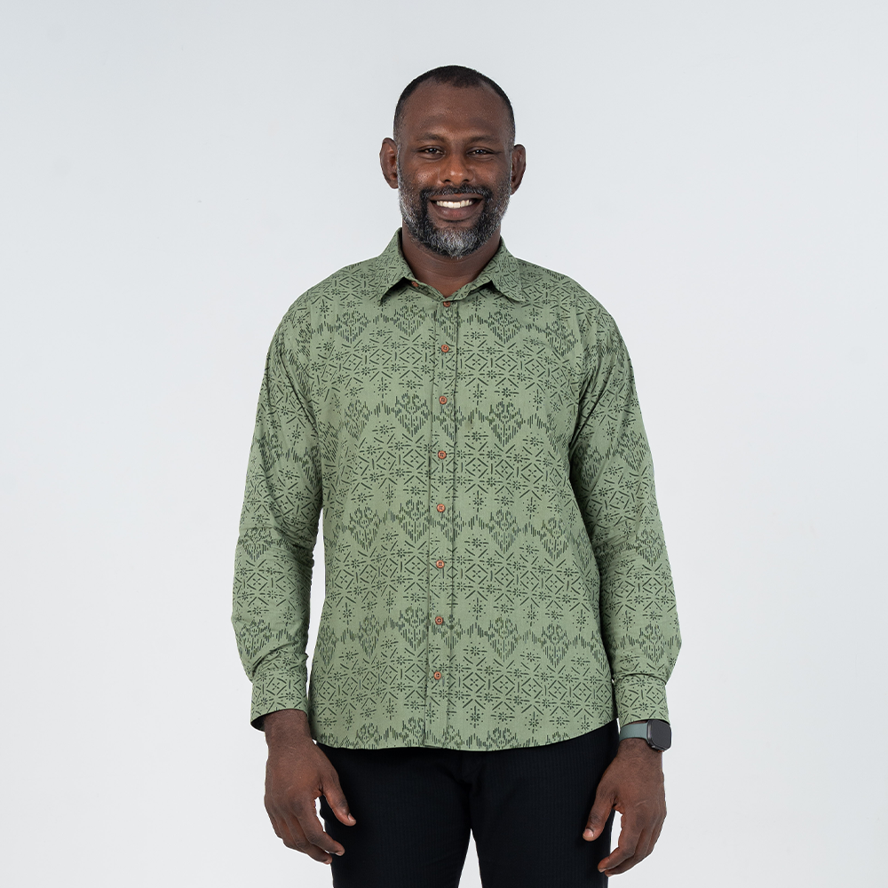 Front view of men’s long-sleeved batik shirt in olive green Anyam motif