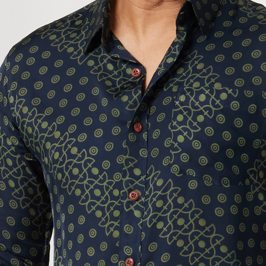 Men's Long-Sleeved Batik Shirt - Navy Alur Batik Boutique