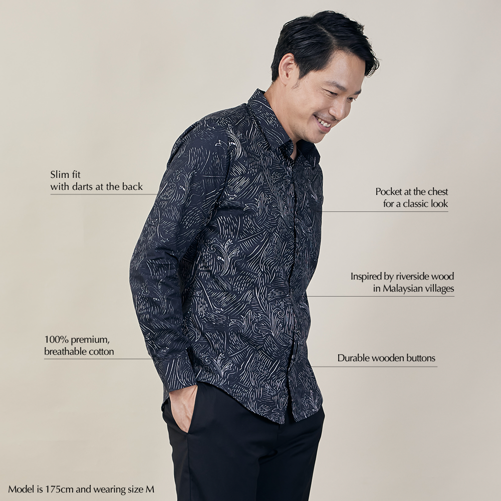 Men's Long-Sleeved Batik Shirt - Black Driftwood