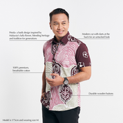 Infographic-style image detailing the premium cotton fabric, durable wooden buttons, and design inspiration