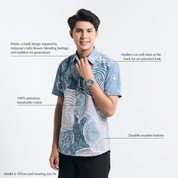 Studio shot with text overlays highlighting the features of the batik shirt
