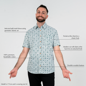 Man wearing teal Arabesque batik shirt with product features highlighted.