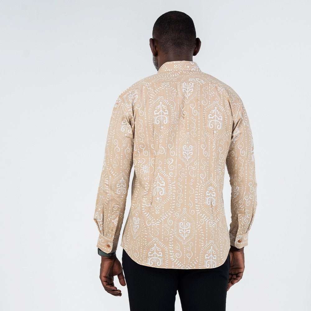 Long sleeve men tan petola shirt  back facing 