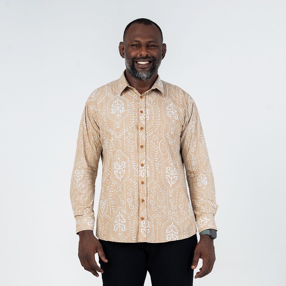 Long sleeve men tan petola shirt  front facing photo 