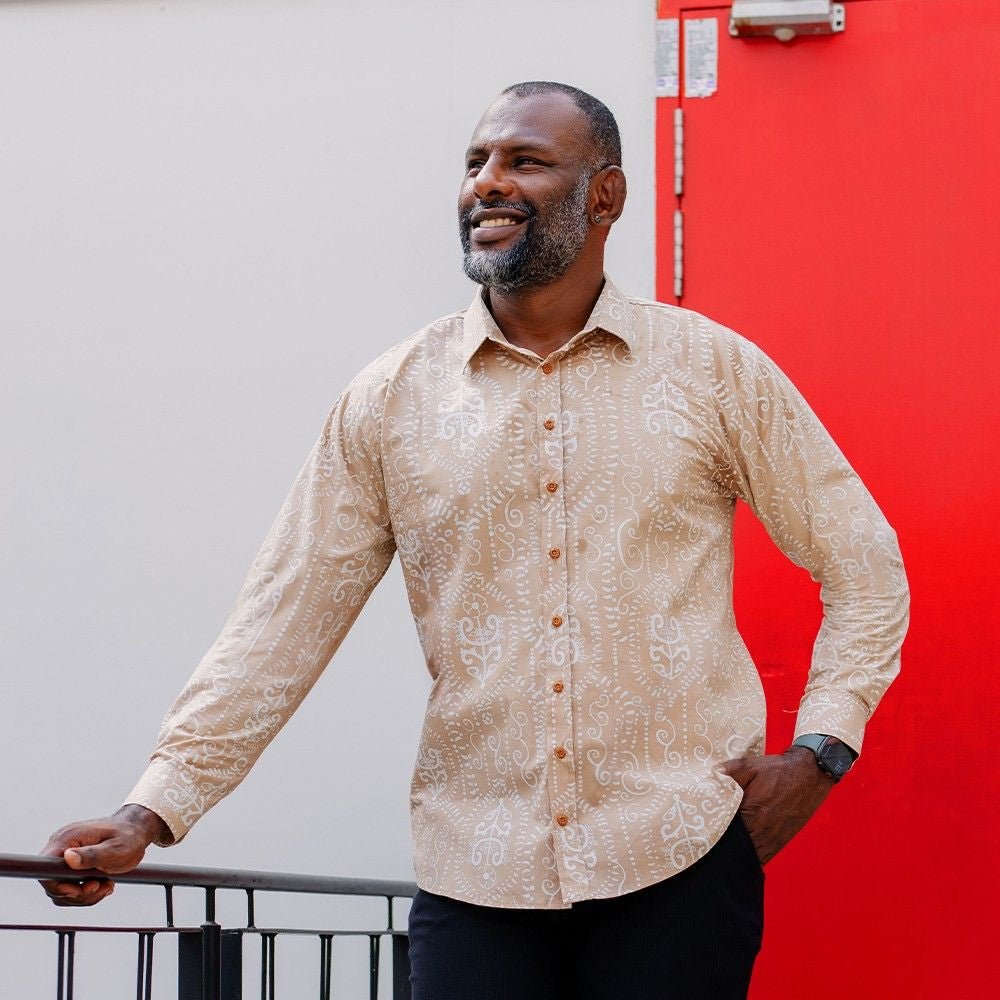 Long sleeve men tan petola shirt lifestyle image 