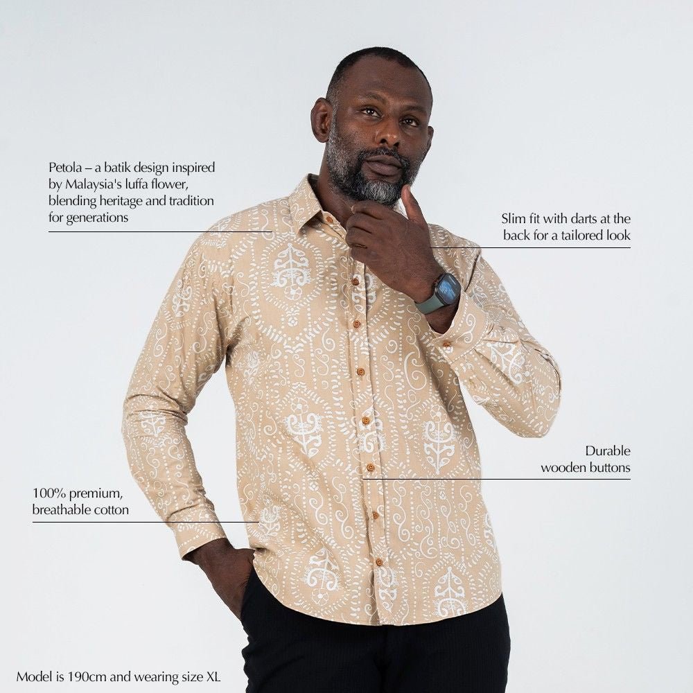 Long sleeve men tan petola shirt  description photo 