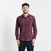 Full-body studio shot showing the slim fit and elegant deep red tones
