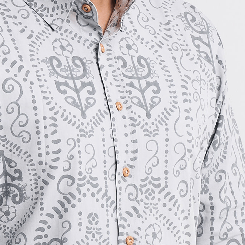  Close-up of the Grey Petola design, showcasing intricate hand-printed batik patterns