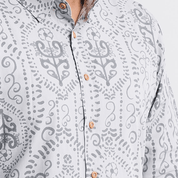  Close-up of the Grey Petola design, showcasing intricate hand-printed batik patterns