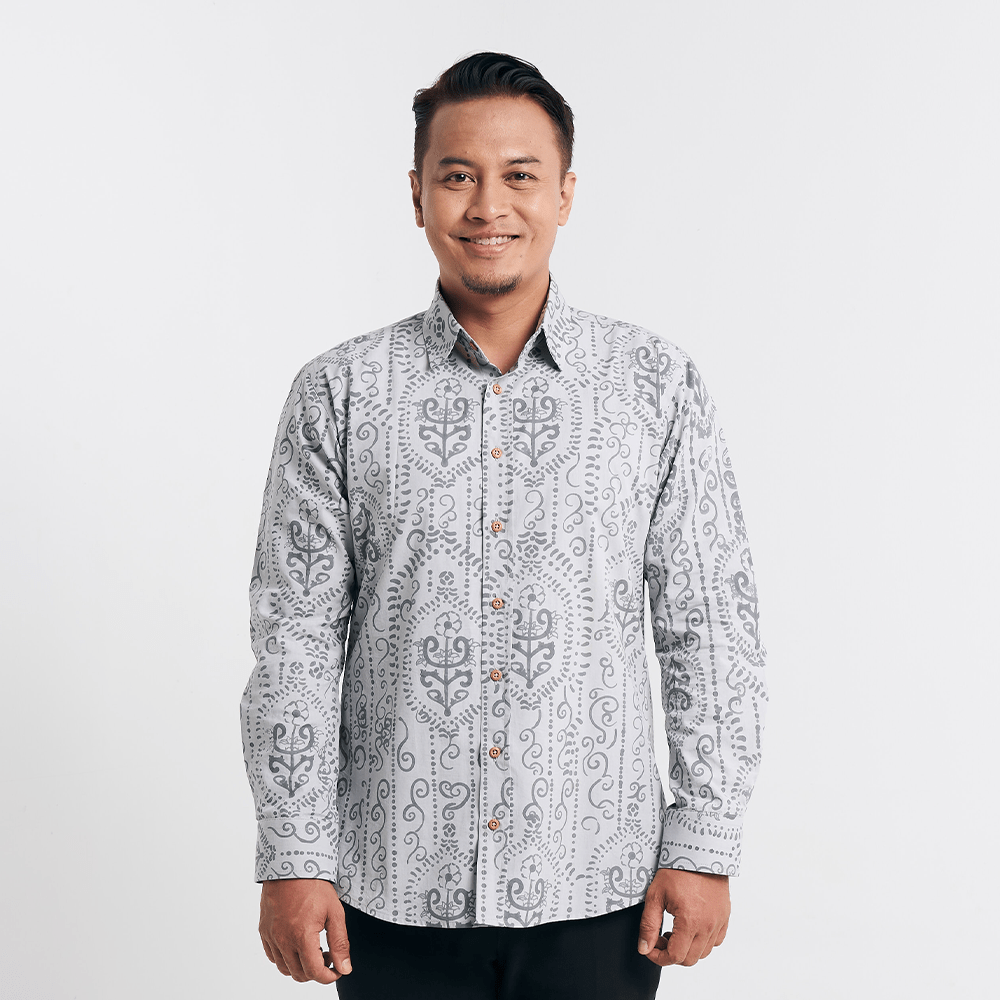Full-body studio shot highlighting the slim fit and wooden button details