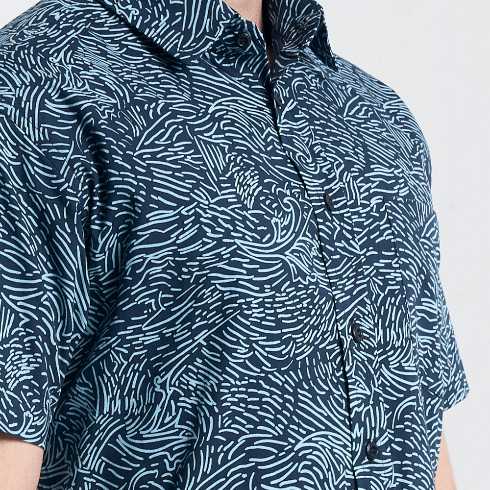 Close-up of the Navy Driftwood design, showcasing intricate hand-printed patterns in two shades of blue