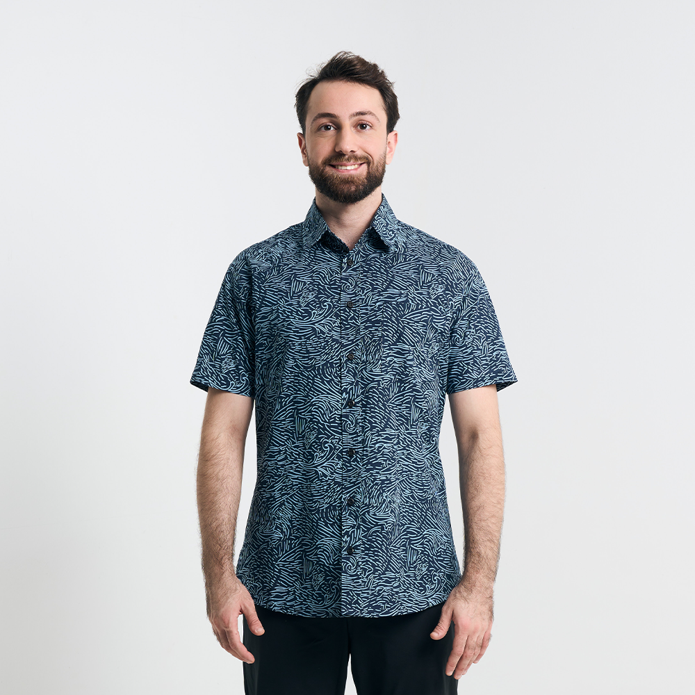Full-body studio shot highlighting the modern fit and breathable cotton fabric