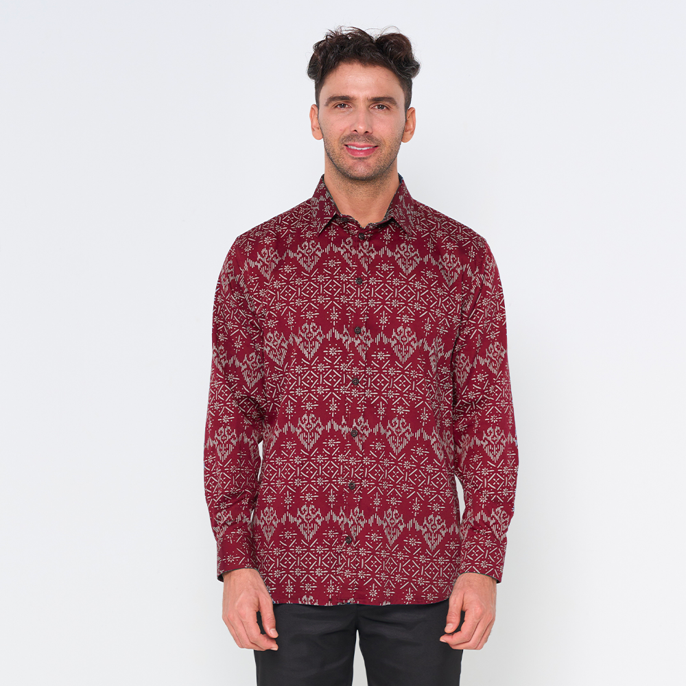 Men's Long-Sleeved Batik Shirt - Crimson Anyam