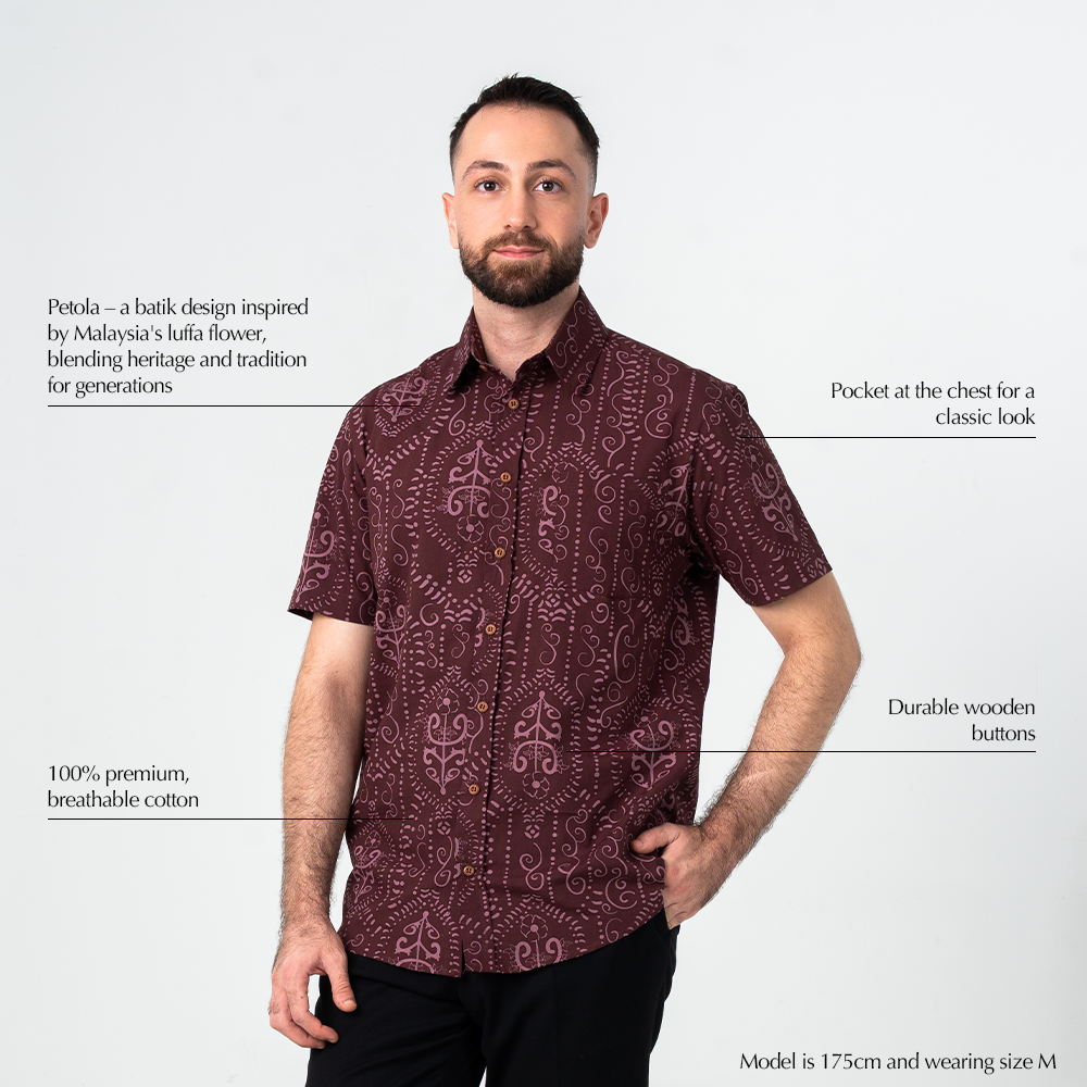 USP layout of Garnet Petola batik shirt highlighting features such as breathable cotton, wooden buttons, and Malaysian heritage design