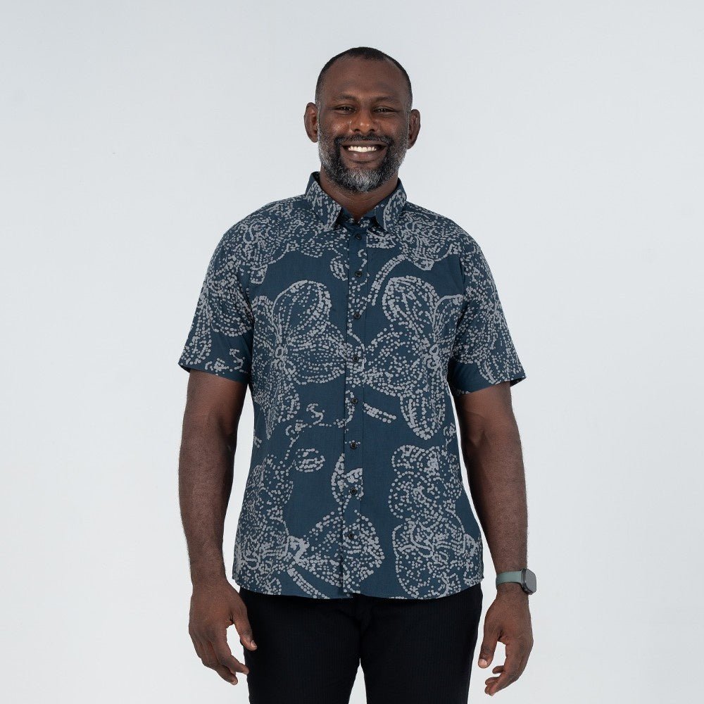 front facing view of the Navy orchid men's shirt 