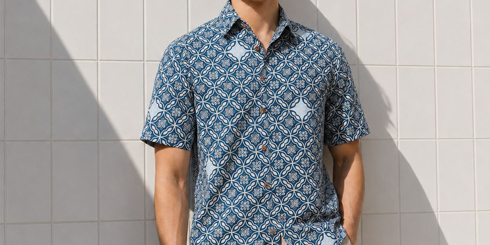 Man wearing blue printed batik shirt, posing by the wall outside with his hand in his pocket