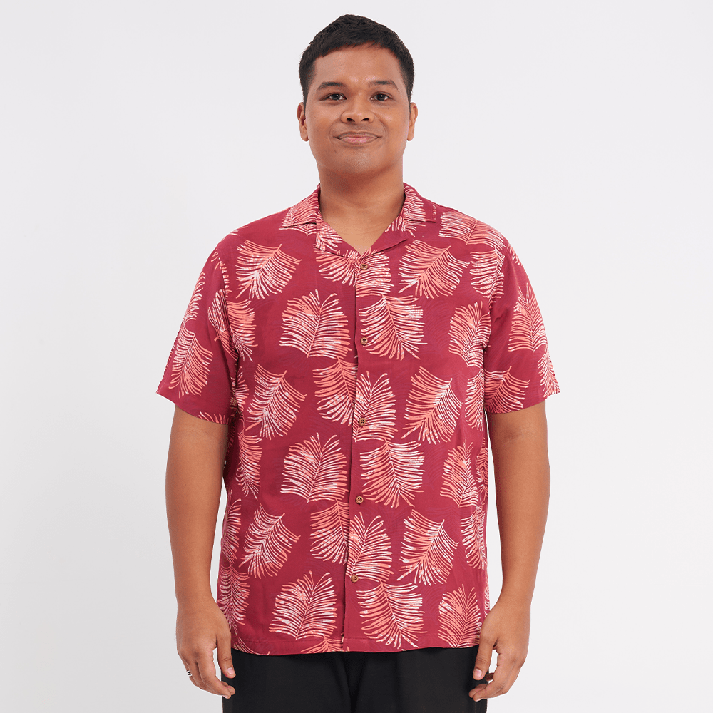 Men's Batik Cuban Shirt - Crimson Sawit - Batik Boutique