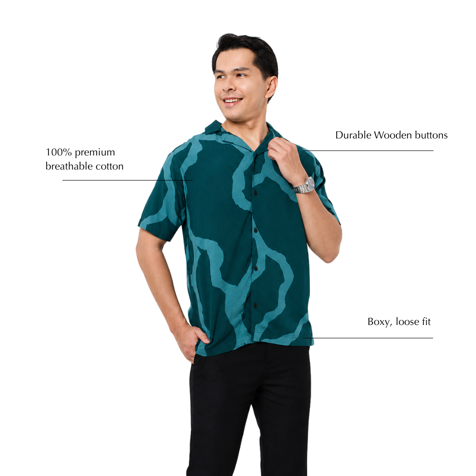 Man wearing batik shirt with green chain-like patterns