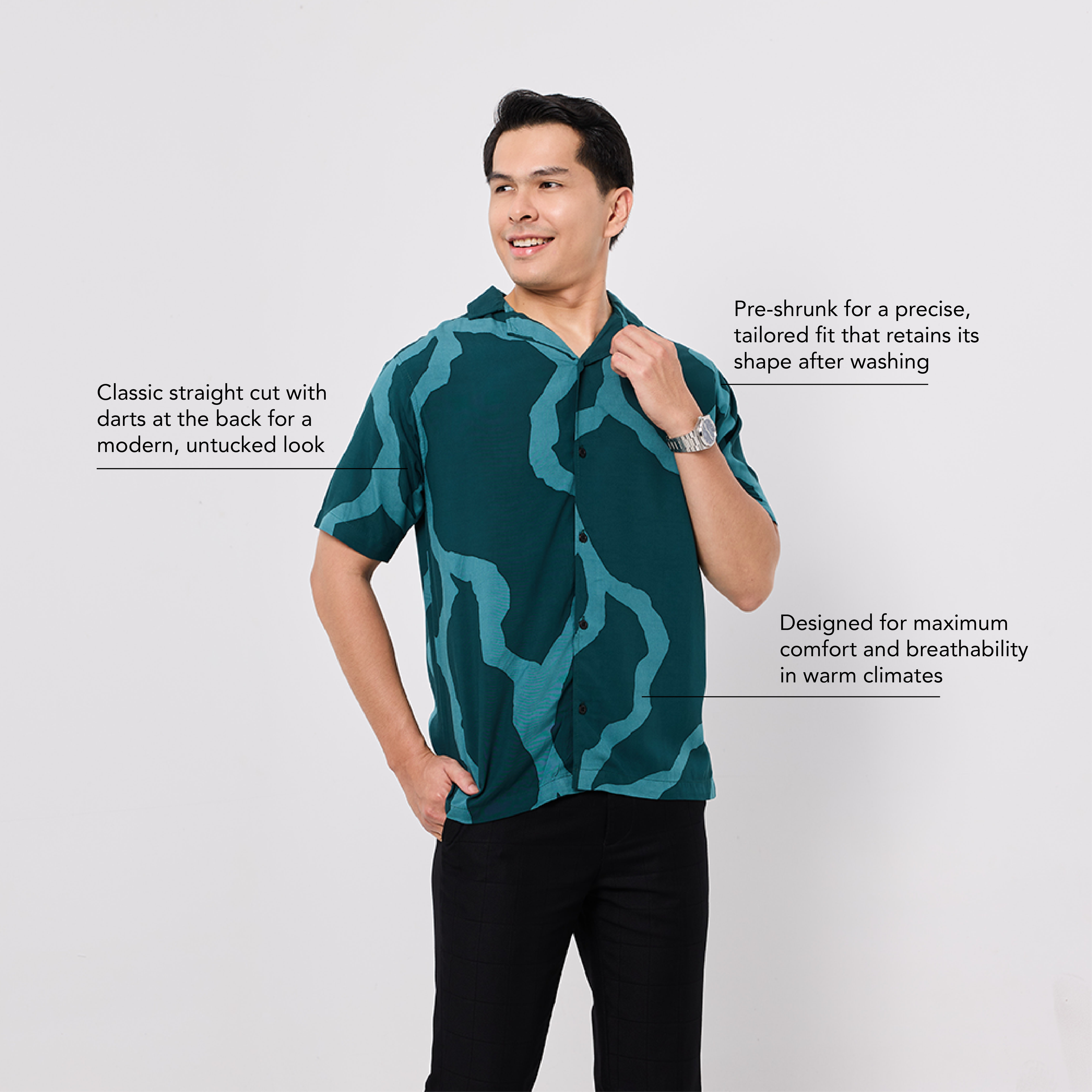 Man wearing a green patterned shirt on a white background