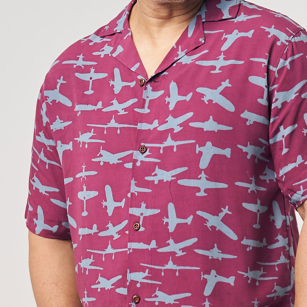 Men's Batik Cuban Shirt - Garnet Airplane - Batik Boutique