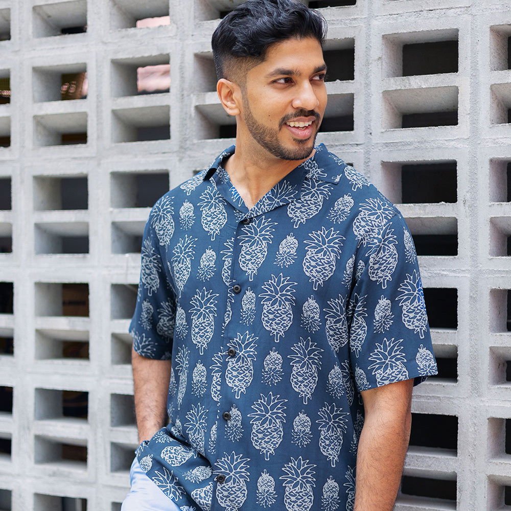 Men's Batik Cuban Shirt - Navy Pineapple - Batik Boutique