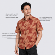 Man wearing orange printed batik shirt with  labelled features