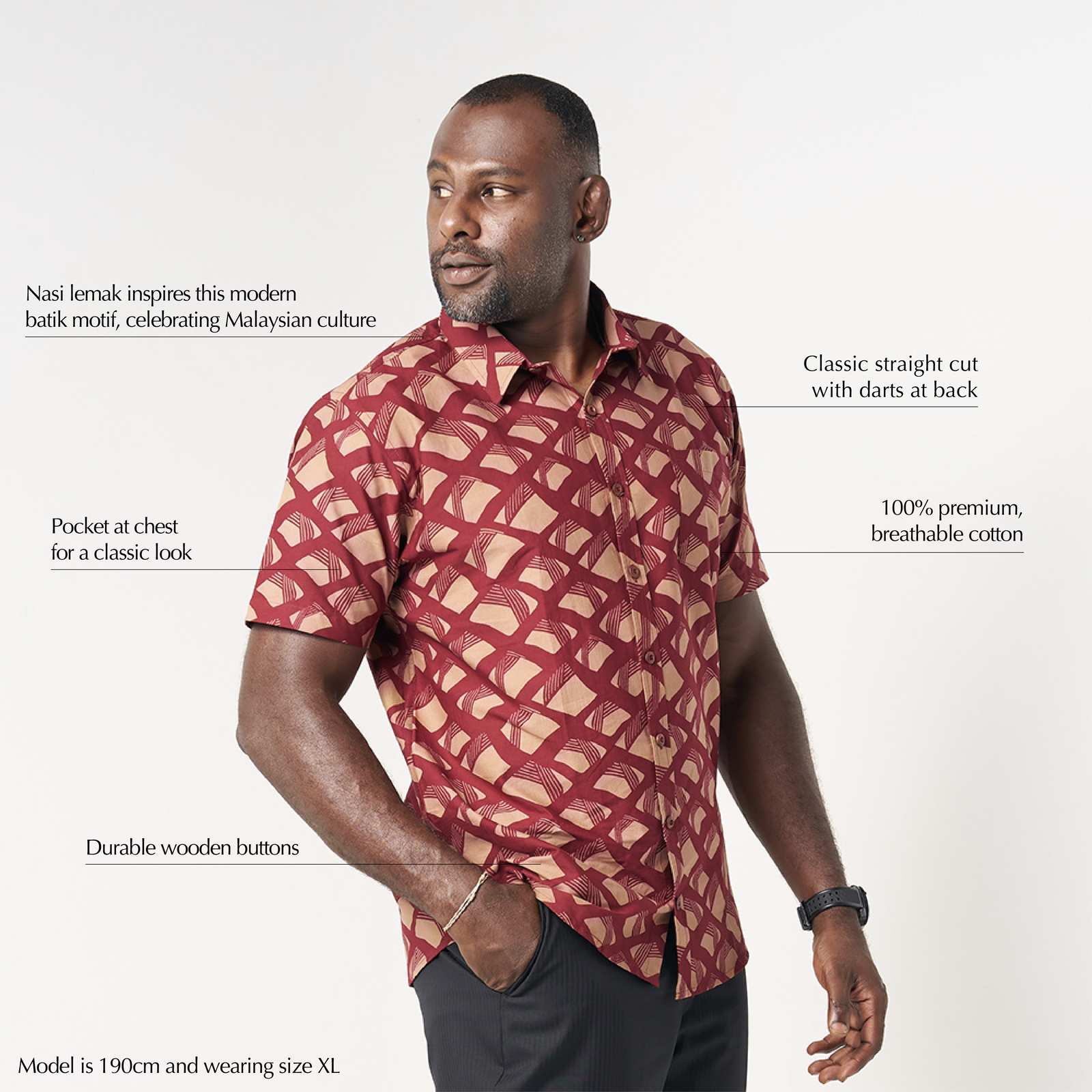 Men's Batik Shirt - Crimson Nasi Lemak - Batik Boutique