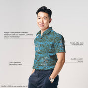 model weating Men's Batik Shirt - Cyan Rumpai with description of the print in text 