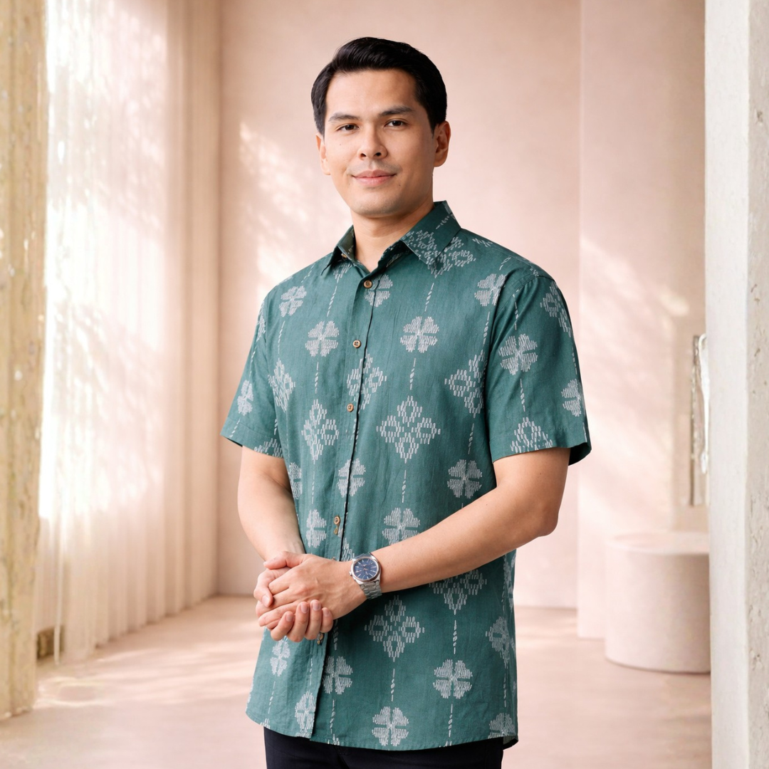Man wearing a green patterned shirt standing indoors with neutral decor